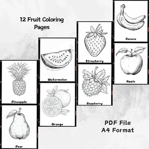 12 Fruit Coloring Pages for Kids, Educational, A4 Format, PDF File, Instant Download