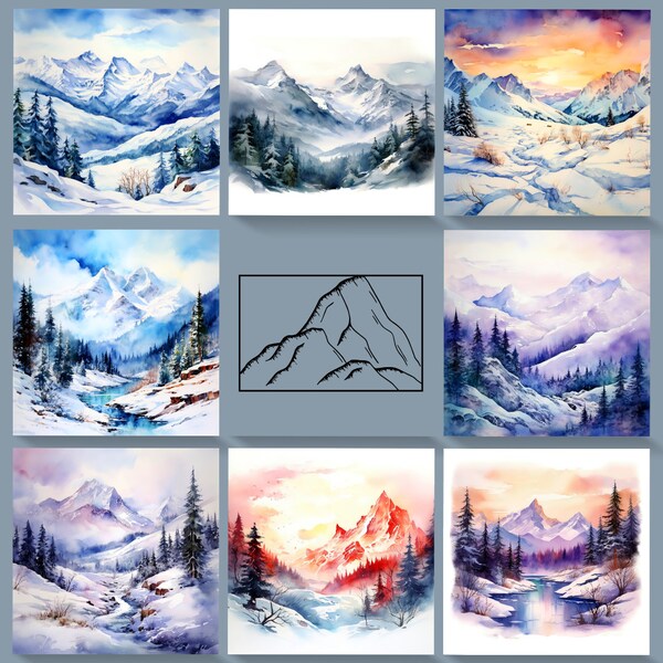 Watercolor Snowy Mountain Landscape Collection | Set of 8 JPEGs | Instant Download | Commercial License | Watercolor Printable Arts