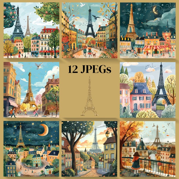 Paris City Illustration Collection, Set of 12 JPEGs, Commercial License, Printable Art Bundle
