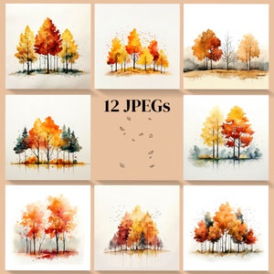Watercolor Minimalistic Autumn Trees Collection | Set of 12 JPEGs | Instant Download | Commercial License | Watercolor Printable Art