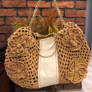 Beach bags , Handmade Raffia bubble bag crocheted boho shoulder natural handbag