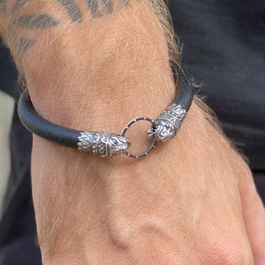 Sterling Silver Panther Head Leather Bracelet,Handmade Bracelet,Biker Leather Bracelet,Mens Gothic Jewerly, Double Panther Head Bangle