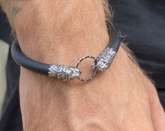 Sterling Silver Panther Head Leather Bracelet,Handmade Bracelet,Biker Leather Bracelet,Mens Gothic Jewerly, Double Panther Head Bangle