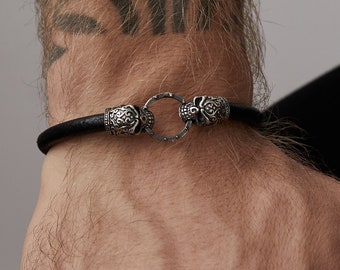 Mens Sterling Silver Skull Bracelet Cord Leather,Doblue Skull Bracelet,Gothic Bracelet,Lobster Claw,Gift for Him,Biker Skull Chain,Handmade