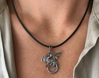 Sterling Silver Dragon pendant Leather necklace