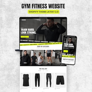 Puede incluir: Una visualización digital de una plantilla de sitio web de fitness en un monitor de escritorio y un teléfono inteligente. La interfaz presenta fotografías en blanco y negro de ropa deportiva, texto amarillo y los títulos TRAIN HARD. LOOK STRONG.