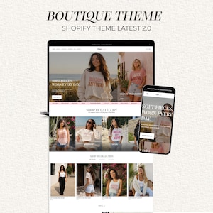 May include: A digital display of a Shopify website theme titled BOUTIQUE THEME SHOPIFY THEME LATEST 2.0, featuring a laptop screen and a smartphone screen showing a clothing store layout with various product images, category sections, and text.