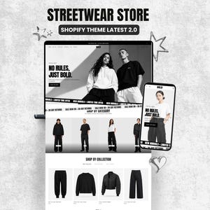 Puede incluir: Una maqueta digital de un sitio web de tienda de ropa urbana con un tema de Shopify 2.0. La interfaz muestra colecciones de ropa con el texto No Rules, Just Bold. La pantalla de un teléfono móvil muestra un diseño similar con imágenes de productos.