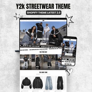 May include: A digital display of a Y2k Streetwear Shopify theme 2.0 featuring a website layout on a computer monitor and a smartphone. The interface showcases clothing collections, including jackets, hoodies, and jeans, with text overlays like FINISH THE FIT and THE VYBE EDIT.