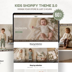 May include: A digital display of a website template titled KIDS SHOPHY THEME 2.0, featuring a hero section with a baby, navigation menus, shop by collection grids, and a 60% off badge. The layout includes various product photography and text.
