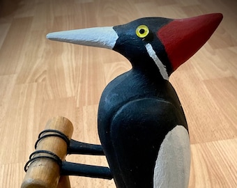 Hand-crafted Carved Wood Pileated Woodpecker on Perch