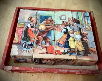 Vintage German Grimm Fairy Tales Wooden Puzzle Blocks