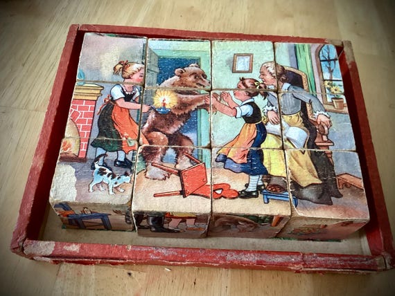 80サイズ/たっぷりephemeral box☆ヴィンテージ海外紙モノ Vintage German Grimm Fairy Tales Wooden Puzzle Blocks - Etsy
