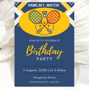 Carte d'invitation d'anniversaire numérique badminton