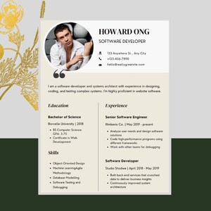 Może przedstawiać: Curriculum vitae Howarda Ong, programisty i architekta systemów. CV zawiera informacje o jego wykształceniu, umiejętnościach i doświadczeniu. Zawiera również dane kontaktowe i cytat o jego wiedzy w zakresie oprogramowania stron internetowych.
