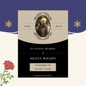 May include: A black and beige memorial card with a photo of a woman in a floral wreath. The text reads "In loving memory of Olivia Wilson" and includes the date "30 November 2022" and the time "09:00 PM - 11:00 PM".