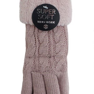 Gefütterte Strickhandschuhe Teddy Winterhandschuhe mit Strickmuster Super Soft mit Strickoptik Rosa