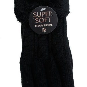 Gefütterte Strickhandschuhe Teddy Winterhandschuhe mit Strickmuster Super Soft mit Strickoptik Schwarz