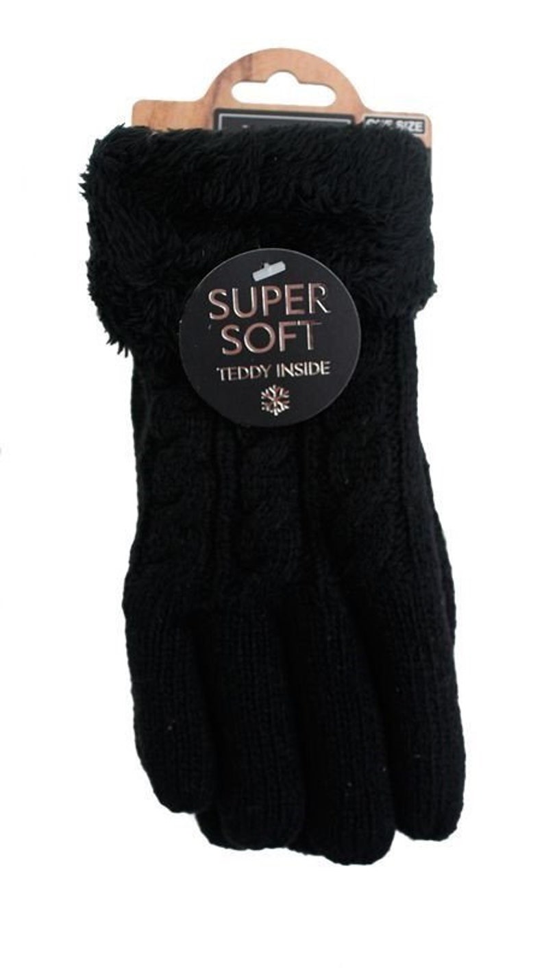 Gefütterte Strickhandschuhe Teddy Winterhandschuhe mit Strickmuster Super Soft mit Strickoptik Schwarz