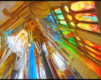 La Sagrada Familia, Interior, Antoni Gaudi, Spain, Barcelona, Architecture, Travel, Wall Art, Digital Prints, Stained Glass, Gothic Revival