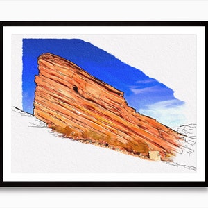 May include: A watercolor painting of a large, red rock formation with a blue sky in the background. The rock is layered and has a rough texture. The sky is painted with a light blue and white wash.