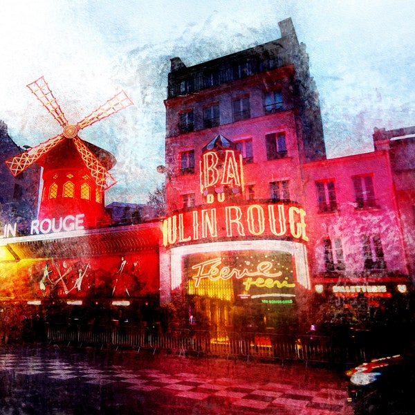 Moulin Rouge, Cabaret Show, Historic Monument, Paris, France, Tourist, Landmark, Wall Art, Travel, Digital Prints, Digital Painting, Night