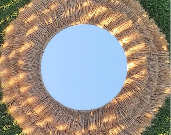 Boho Jute Wall Mirror – Round Handmade Natural Fiber Mirror for Home Decor