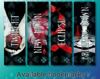 May include: Four bookmarks featuring the covers of the Twilight Saga books. The bookmarks are black with white text and images. The books are Twilight, New Moon, Eclipse, and Breaking Dawn.
