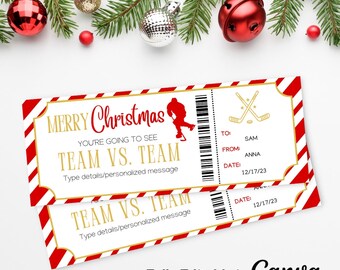 May include: A printable Christmas ticket with a red and white candy cane stripe pattern. The ticket says "Merry Christmas" and "You're going to see Team vs. Team". The ticket has a hockey stick and puck graphic and a space to type in details and a personalized message.