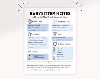 Blue Editable Babysitter Information Sheet Template | Printable Caretaker Notes | Babysitter Guide | Boy Info Instant Download | PDF |