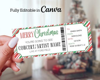 May include: A Christmas-themed ticket with red and green accents. The ticket reads "Merry Christmas" and includes space for a concert/artist name and the venue, "Ford Field." The ticket also has a barcode and details for Emma Smith.