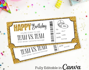 Op de afbeelding: Bewerkbaar printbaar verjaardagsticket met een gouden glitterachtergrond. Het ticket zegt "Happy Birthday" en "You're going to see Team vs. Team". Er is ruimte om details of een persoonlijk bericht in te vullen. Het ticket heeft ook een voetbalhelm en een voetbalafbeelding.