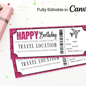 Hot Pink Birthday Airplane Ticket Printable | Surprise Trip Ticket | Boarding Pass | Birthday Gift Surprise Vacation | Airplane Ticket |