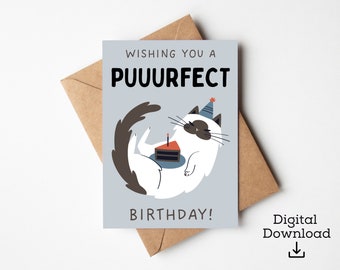 Druckbare Purfect Geburtstagskarte | Alles Gute zum Geburtstag zum Ausdrucken | Katze Digitale Karte | Lustige druckbare Karte | Katze Grußkarte | Sofort Download