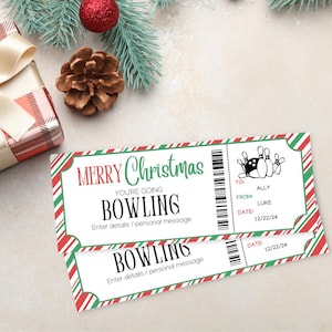Boleto de bolos navideños / Plantilla de certificado de regalo de bolos / Vale de regalo imprimible / Bolos de interior / Vale de presentación navideña /