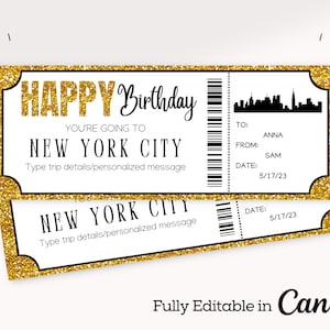 Billet d'embarquement d'anniversaire à New York | Révélation du voyage du billet d'avion Gold | Billet de voyage surprise à New York | Billet imprimable | Cadeau de voyage à New York |