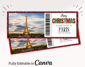 May include: A printable Christmas gift certificate with a red glitter background. The certificate features a photo of the Eiffel Tower in Paris, France. The text reads "Merry Christmas You're Going To Paris Type Trip Details".