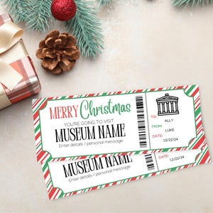 Plantilla de entrada de Navidad al museo / Certificado de regalo para museos de vacaciones / Cupón para museos / Viaje al museo de ciencias / Museo para niños /
