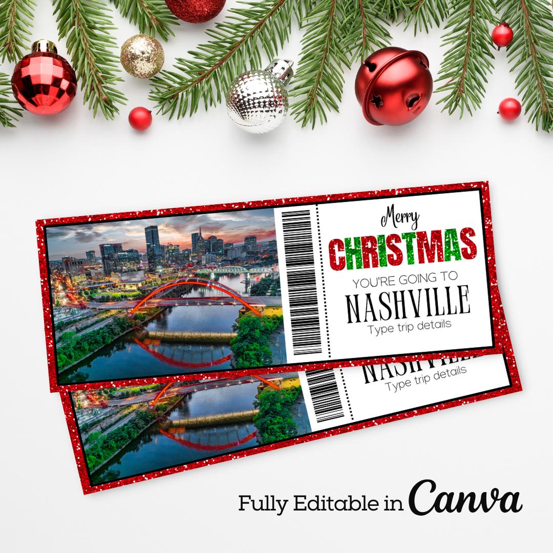 Christmas Nashville Surprise Trip Ticket | Nashville Boarding Pass | Fake Flight Ticket | Nashville Trip Ticket | Vacation Ticket Download