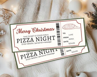 Pizza Night Ticket | Christmas Printable Coupon | Date Night Gift Voucher | Experience Gift | Digital Download | Editable Template