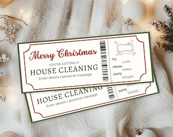 Billet de nettoyage de maison de Noël | Cadeau de service de nettoyage imprimable | Coupon corvée | Chèque-cadeau Expérience | Téléchargement instantané