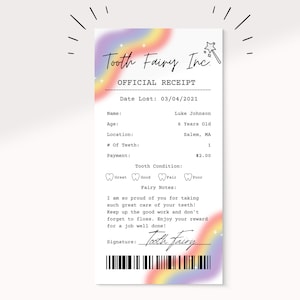 Certificat imprimable modifiable de reçu de fée des dents arc-en-ciel | Première dent perdue | Lettre réaliste de fée des dents | Lettre de fée des dents arc-en-ciel |