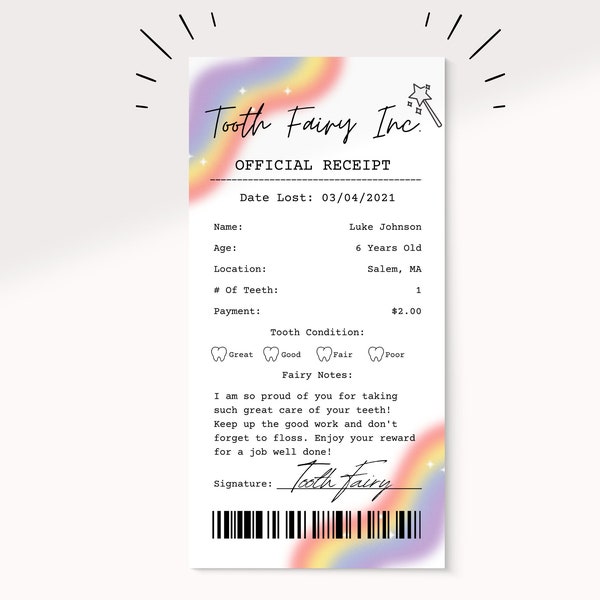 Editable Rainbow Tooth Fairy Receipt Printable Certificate | First Tooth Lost | Realistic Tooth Fairy Letter | Rainbow Tooth Fairy Letter |