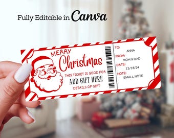 May include: A red and white Christmas gift ticket with the words "Merry Christmas" and a Santa Claus illustration. The ticket includes fields for "To," "From," "Date," and "Note." The text "Fully Editable in Canva" is also visible.