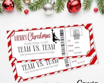 May include: Two basketball-themed Christmas tickets with red and white striped borders. The tickets read "MERRY Christmas" and "TEAM VS. TEAM". One ticket is addressed to Sam from Anna, dated 12/17/23. The tickets are fully editable in Canva.