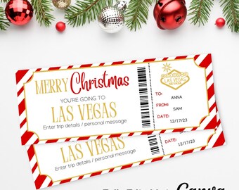 May include: Two printable Christmas gift certificate tickets with a red and white striped background. The tickets say "Merry Christmas" and "You're going to Las Vegas". The tickets are fully editable in Canva.