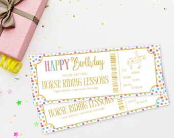 Peut inclure: Un chèque-cadeau imprimable coloré pour des cours d'équitation. Le chèque-cadeau a un fond à pois avec une bordure dorée et un texte qui dit "Joyeux anniversaire" et "Vous recevez des cours d'équitation".