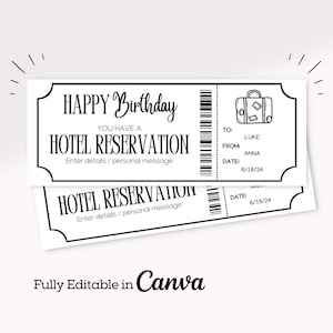 Cumpleaños Boleto de reserva de hotel / Vale regalo de reserva de hotel sorpresa / Vale de regalo de reserva de hotel imprimible / Vale de hotel