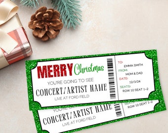 Könnte beinhalten: Ein druckbares Weihnachtsgeschenk-Ticket mit grünem Glitzerhintergrund und rotem Text, der "Frohe Weihnachten" lautet. Das Ticket lautet "Sie werden [Konzert/Künstlername] live im Ford Field sehen" und enthält einen Platz zum Ausfüllen des Namens des Empfängers, des Datums und des Sitzplatzes.