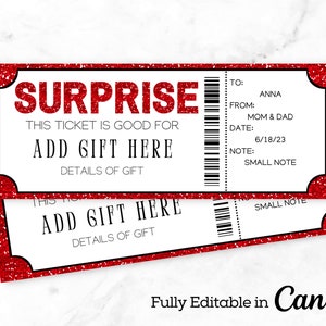 Plantilla de entrada sorpresa Red Sparkle / Entrada de evento editable / Plantilla Canva / Regalo de entrada sorpresa / Regalo de entradas para conciertos imprimibles /